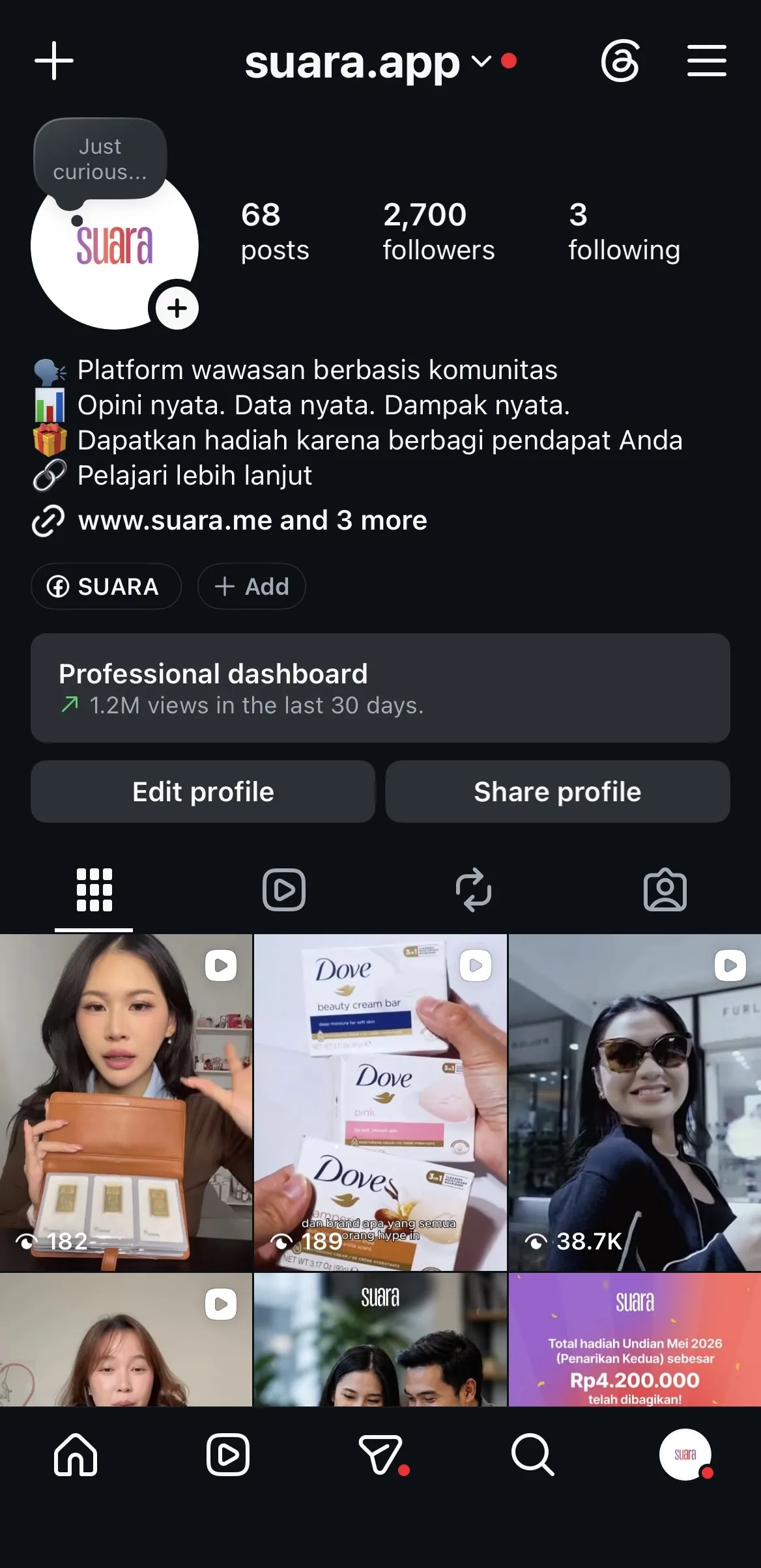 Suara Instagram profile: 68 posts, 2,700 followers, 1.2M views in 30 days
